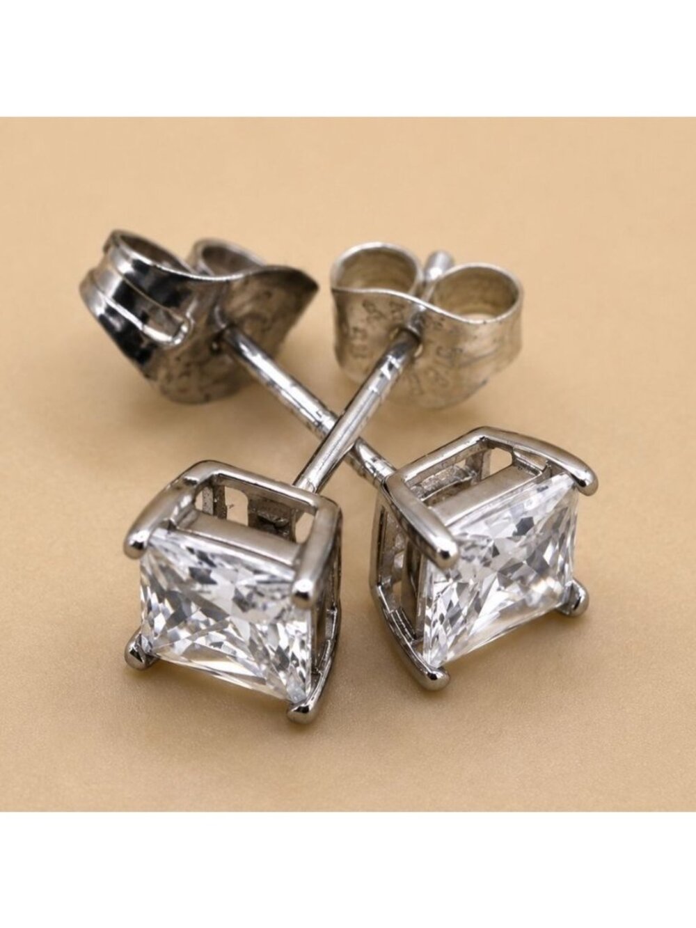 Square-Cut Sterling Silver Stud Earrings With Clear Stone Accent Vintage Design